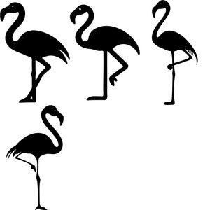 May include: Silhouettes of four black flamingos in different poses. The flamingos are standing on one leg, with their necks curved and their heads tilted.