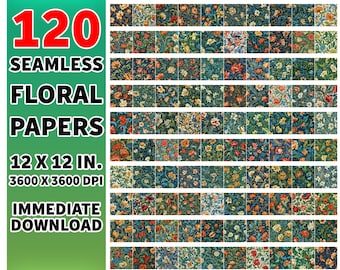 Pacote de Papel Digital Floral, Padrões William Morris Sem Emenda (120 Arquivos JPG)