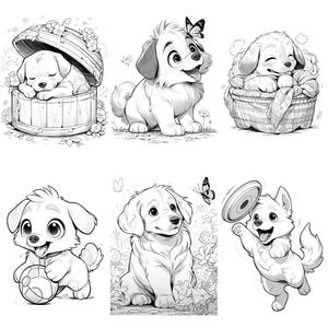 May include: Black and white line art illustrations of six adorable cartoon puppies in various poses. One puppy is sleeping in a wooden barrel, another is sitting with a butterfly above its head, another is sitting in a basket, another is sitting in a field of flowers, another is holding a ball, and another is catching a frisbee.