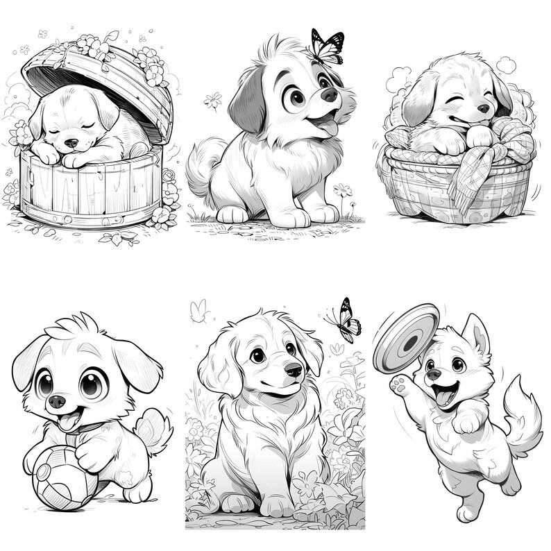May include: Black and white line art illustrations of six adorable cartoon puppies in various poses. One puppy is sleeping in a wooden barrel, another is sitting with a butterfly above its head, another is sitting in a basket, another is sitting in a field of flowers, another is holding a ball, and another is catching a frisbee.