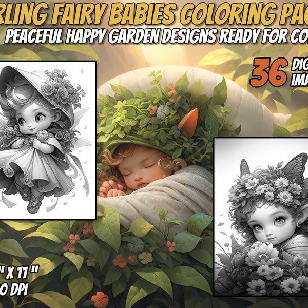 36 Darling Fairy Baby Coloring Pages for Adults Kids and Teens, 8.5 x 11, 300 DPI, Instant Download, Fairy Babies Coloring book, greyscale