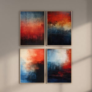 Conjunto de pósteres de pintura tonalista abstracta en rojo y azul, índigo, ámbar, azul, negro y rojo, textura sucia, atmósfera emocional intensa.