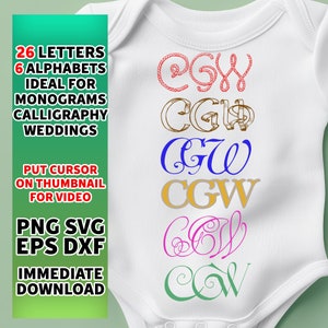 Puede incluir: Seis estilos diferentes de las letras C, G y W en varios colores, incluyendo rojo, dorado, azul, verde y rosa. Las letras están sobre un fondo blanco y son ideales para monogramas, caligrafía y bodas. El texto "26 Letras 6 Alfabetos Ideal para Monogramas Caligrafía Bodas Poner el cursor en la miniatura para el video PNG SVG EPS DXF Descarga inmediata" también está en la imagen.