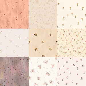 Pode incluir: Nove designs de padr&otilde;es florais diferentes. Os padr&otilde;es incluem pequenas flores em v&aacute;rias cores, como rosa, amarelo e vermelho, em fundos de p&ecirc;ssego, creme e bege. Os designs s&atilde;o adequados para tecido ou papel de parede.