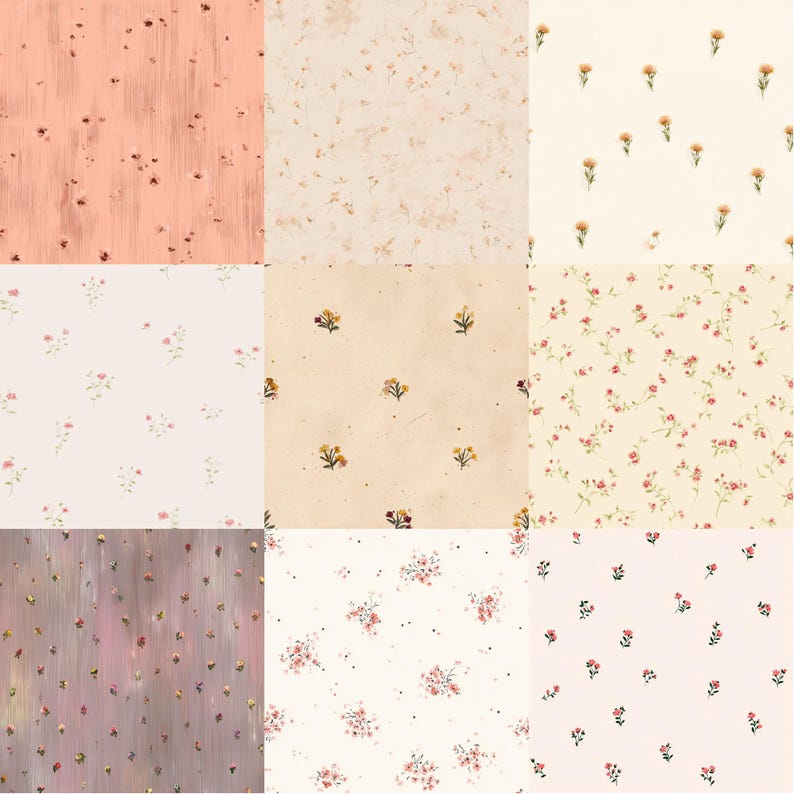 Pode incluir: Nove designs de padr&otilde;es florais diferentes. Os padr&otilde;es incluem pequenas flores em v&aacute;rias cores, como rosa, amarelo e vermelho, em fundos de p&ecirc;ssego, creme e bege. Os designs s&atilde;o adequados para tecido ou papel de parede.