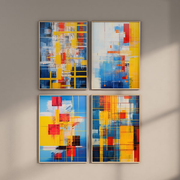 Abstract Geometric Red Blue White Yellow Poster Set, Digital Download Wall Print, Large Printable Art, Abstract Print,