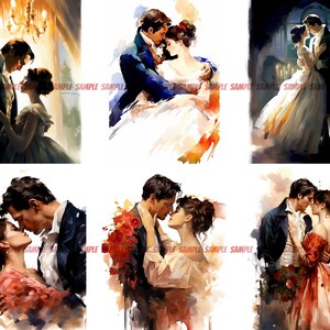 May include: Six watercolor paintings depicting romantic couples in various poses. The paintings feature soft colors and a dreamy, romantic style.