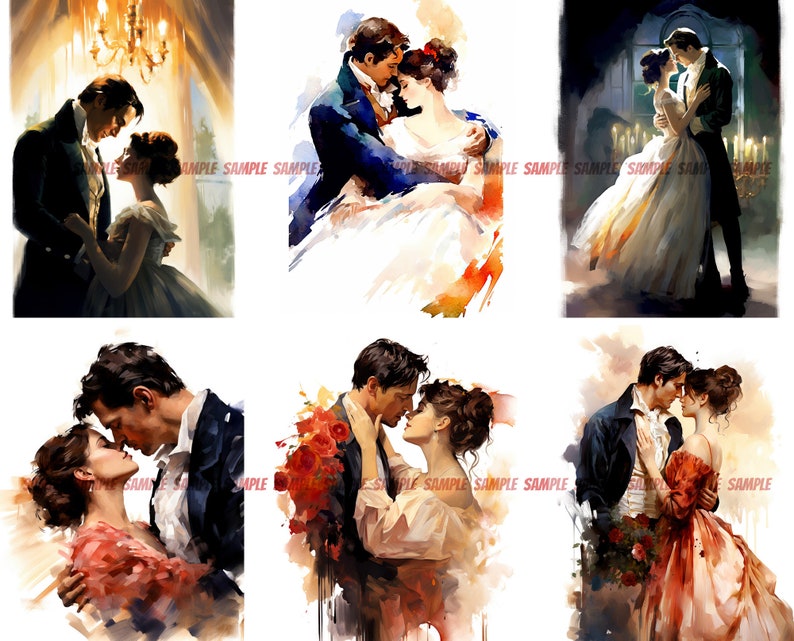May include: Six watercolor paintings depicting romantic couples in various poses. The paintings feature soft colors and a dreamy, romantic style.