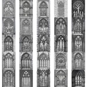May include: A collection of detailed black and white illustrations of Gothic-style arched windows. Each window features intricate designs, including figures, trees, and geometric patterns, set against a backdrop of stone or brick.