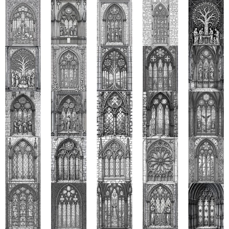 May include: A collection of detailed black and white illustrations of Gothic-style arched windows. Each window features intricate designs, including figures, trees, and geometric patterns, set against a backdrop of stone or brick.