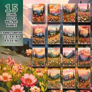 Boho Mountain Sunset Prints - Rustic Meadow Wildflower Scenes