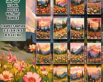 Boho Mountain Sunset Prints - Rustic Meadow Wildflower Scenes