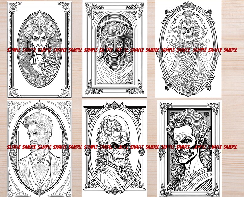 K&ouml;nnte beinhalten: Sechs Schwarzwei&szlig;illustrationen von Gesichtern in verzierten Rahmen. Jeder Rahmen hat ein anderes Design und die Personen haben unterschiedliche Frisuren und Gesichtsz&uuml;ge.