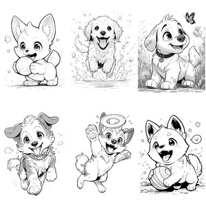 May include: Black and white line art illustrations of six different dog breeds. Each dog is depicted in a playful pose, such as fetching a ball, running, or jumping through the air. The illustrations are simple and charming, with a focus on the dogs' personalities.