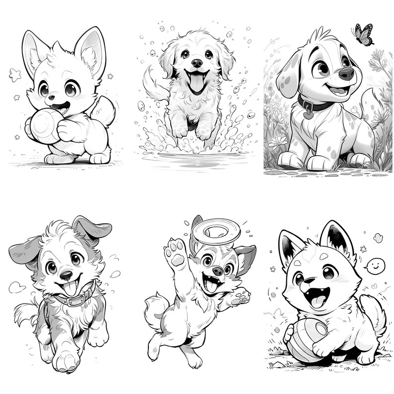 May include: Black and white line art illustrations of six different dog breeds. Each dog is depicted in a playful pose, such as fetching a ball, running, or jumping through the air. The illustrations are simple and charming, with a focus on the dogs' personalities.
