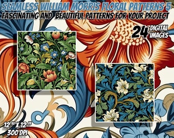 24 William Morris Inspired Floral Seamless Patterns Pack 5: Digital Paper, Printable Textures, Commercial Use, Instant Download
