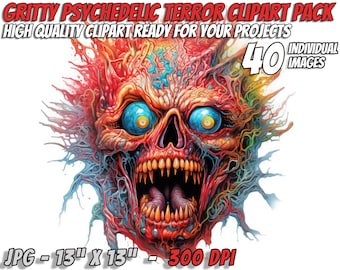 Puede incluir: Un paquete de clipart digital de 40 imágenes de alta calidad que presenta una calavera psicodélica, arenosa, roja, azul y amarilla con la boca muy abierta y dientes afilados. El texto "GRITTY PSYCHEDELIC TERROR CLIPART PACK" y "HIGH QUALITY CLIPART READY FOR YOUR PROJECTS" está en la parte superior de la imagen. El texto "40 INDIVIDUAL IMAGES" está en la esquina superior derecha de la imagen. El texto "JPG - 13" X 13" - 300 DPI" está en la parte inferior de la imagen.
