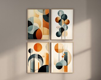 Bundle Poster Set, Mid Century Abstract Graphic Design Illustration, teal beige amber, Abstract wall art, abstract art print