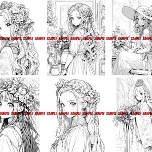 K&ouml;nnte beinhalten: Eine Schwarzwei&szlig;illustration von drei Frauen mit langen, wallenden Haaren, die Blumenkr&auml;nze tragen. Jede Frau tr&auml;gt ein Kleid in einem anderen Stil. Die Illustration ist im Manga-Stil.