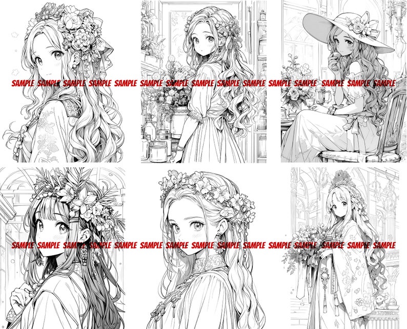 K&ouml;nnte beinhalten: Eine Schwarzwei&szlig;illustration von drei Frauen mit langen, wallenden Haaren, die Blumenkr&auml;nze tragen. Jede Frau tr&auml;gt ein Kleid in einem anderen Stil. Die Illustration ist im Manga-Stil.