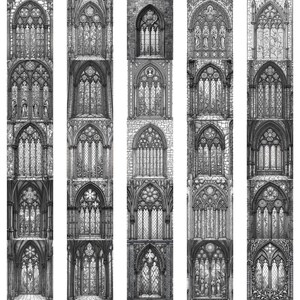 May include: A series of detailed black and white illustrations of Gothic cathedral windows. Each illustration showcases intricate architectural designs, including arched windows, stained glass patterns, and decorative stonework. The artwork evokes a sense of historical grandeur and religious artistry.