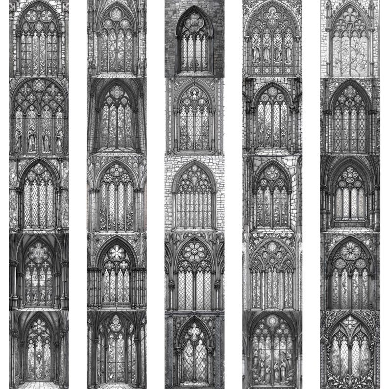 May include: A series of detailed black and white illustrations of Gothic cathedral windows. Each illustration showcases intricate architectural designs, including arched windows, stained glass patterns, and decorative stonework. The artwork evokes a sense of historical grandeur and religious artistry.
