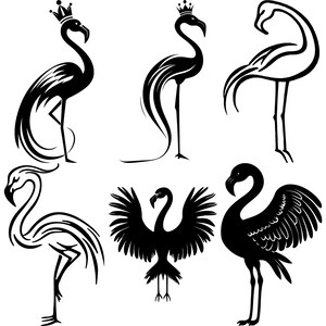 May include: A set of six black and white silhouette illustrations of flamingos. Some flamingos are standing with their necks curved, while others are standing with their wings spread. One flamingo is wearing a crown.