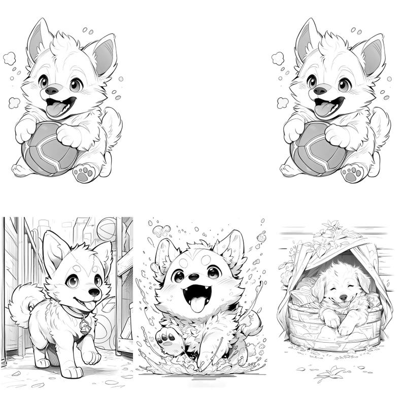 May include: A black and white illustration of four cute cartoon dogs. One dog is playing with a ball, another is running through water, another is sitting in a tub, and the last one is walking.