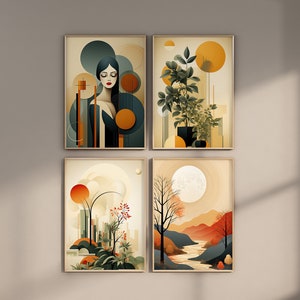 Bundle Poster Set, Geometric Abstract Illustration, Organic Geometry, Orange and Green, Geometric Artwork, Abstract Painting