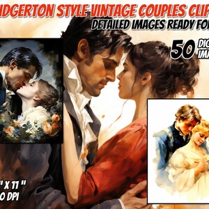 May include: A set of 50 digital clip art images of vintage couples in a Bridgerton style. The images are 8.5 inches by 11 inches and 300 DPI.