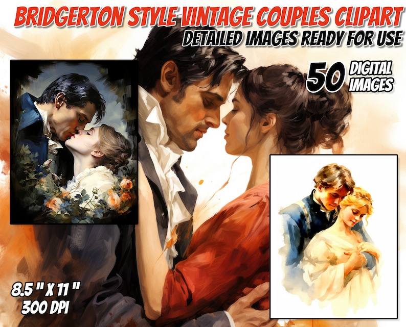 May include: A set of 50 digital clip art images of vintage couples in a Bridgerton style. The images are 8.5 inches by 11 inches and 300 DPI.