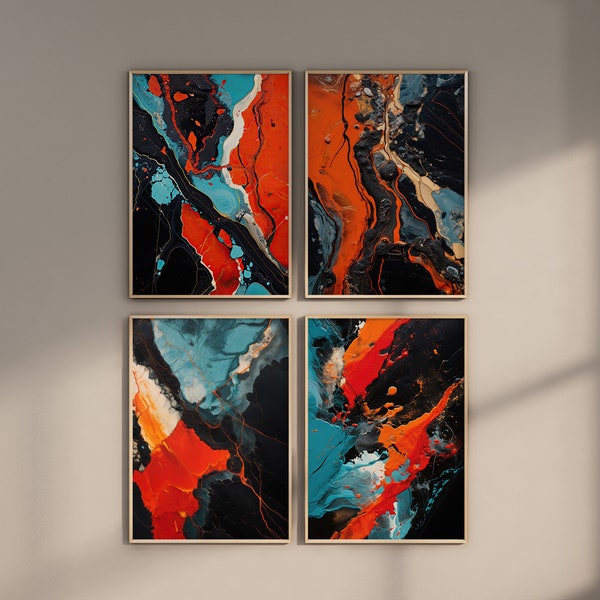 Bundle Poster Set, Liquid Energetic Impasto Painting, Red Black Orange, Poured Paint Technique, marble, aerial view,