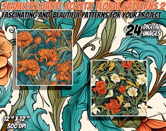 24 Dante Gabriel Rossetti Inspirado Floral Seamless Patterns Pack 2: Papel Digital, Texturas Imprimibles, Uso Comercial, Descarga Instantánea