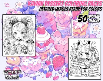 Kawaii Dessert Coloring Pages: Anime Girls, Food (Digital Download)