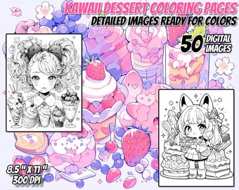 Kawaii Dessert Malseiten, Anime Malseiten, Malseiten für Erwachsene, Kawaii Färbung, süße Malseiten, sofortiger Download, bedruckbar, Lebensmittel