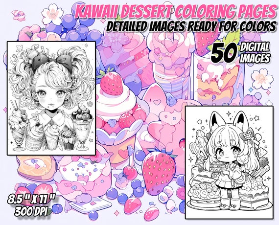 Anime Coloring Pages: Kawaii Food and Girls - 50 Printable JPGs