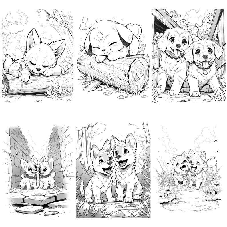 May include: Black and white line art illustrations of various dogs and puppies in different poses. Some are sleeping, others are standing, and some are walking. The illustrations are set against various backgrounds, including a forest, a brick wall, and a log.