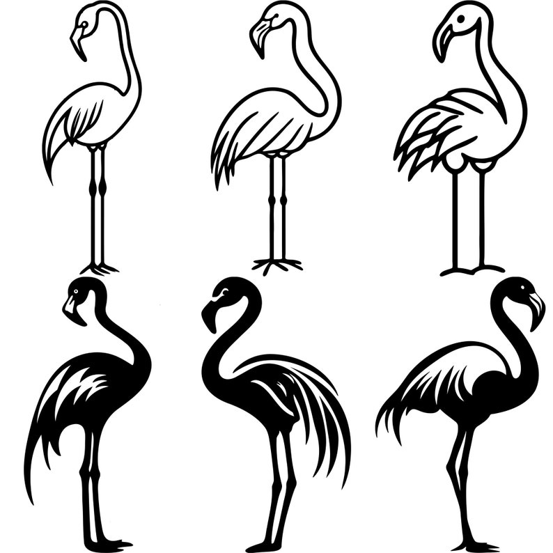 May include: Six black and white line drawings of flamingos in various poses. The flamingos are all facing to the right, with their necks curved in an S shape. The drawings are simple and elegant, and they would be perfect for a variety of projects, such as greeting cards, invitations, or home decor.