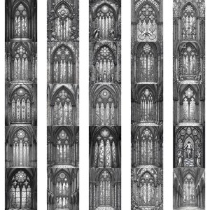 May include: A series of black and white illustrations depicting Gothic cathedral windows. Each window features intricate architectural details, including pointed arches, stained glass, and religious figures. The artwork evokes a sense of historical and spiritual themes.