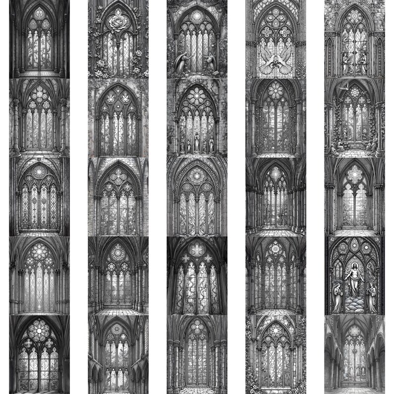 May include: A series of black and white illustrations depicting Gothic cathedral windows. Each window features intricate architectural details, including pointed arches, stained glass, and religious figures. The artwork evokes a sense of historical and spiritual themes.