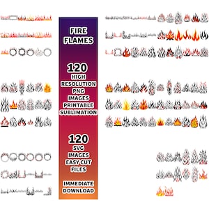 Fire Flames SVG Bundle, Clip Art, Frames (120 Vibrant Designs)