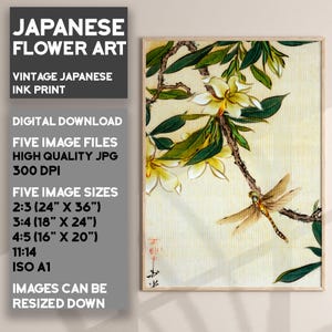 Japanese Flower Art Print, Dragonfly Art Japanese Art, Flower Wall Art Flower Poster, Cream and Green Artwork, Printable Wall Art, Dragonfly
