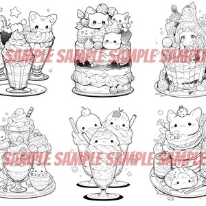 Pode incluir: Seis ilustra&ccedil;&otilde;es em preto e branco de doces de desenhos animados fofinhos com animais. As sobremesas incluem um bolo, um sundae, um parfait e uma pilha de panquecas. Cada sobremesa &eacute; decorada com frutas, flores e outros detalhes fofinhos.