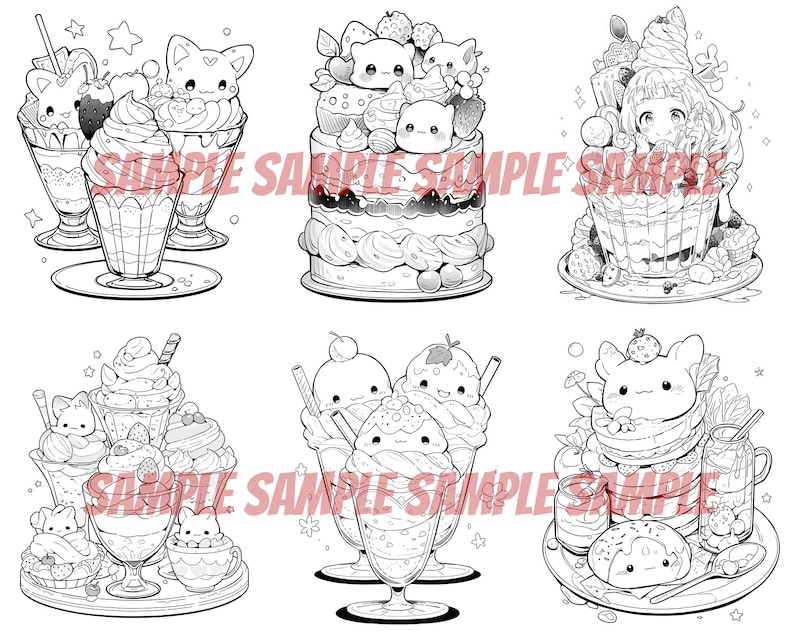 Pode incluir: Seis ilustra&ccedil;&otilde;es em preto e branco de doces de desenhos animados fofinhos com animais. As sobremesas incluem um bolo, um sundae, um parfait e uma pilha de panquecas. Cada sobremesa &eacute; decorada com frutas, flores e outros detalhes fofinhos.