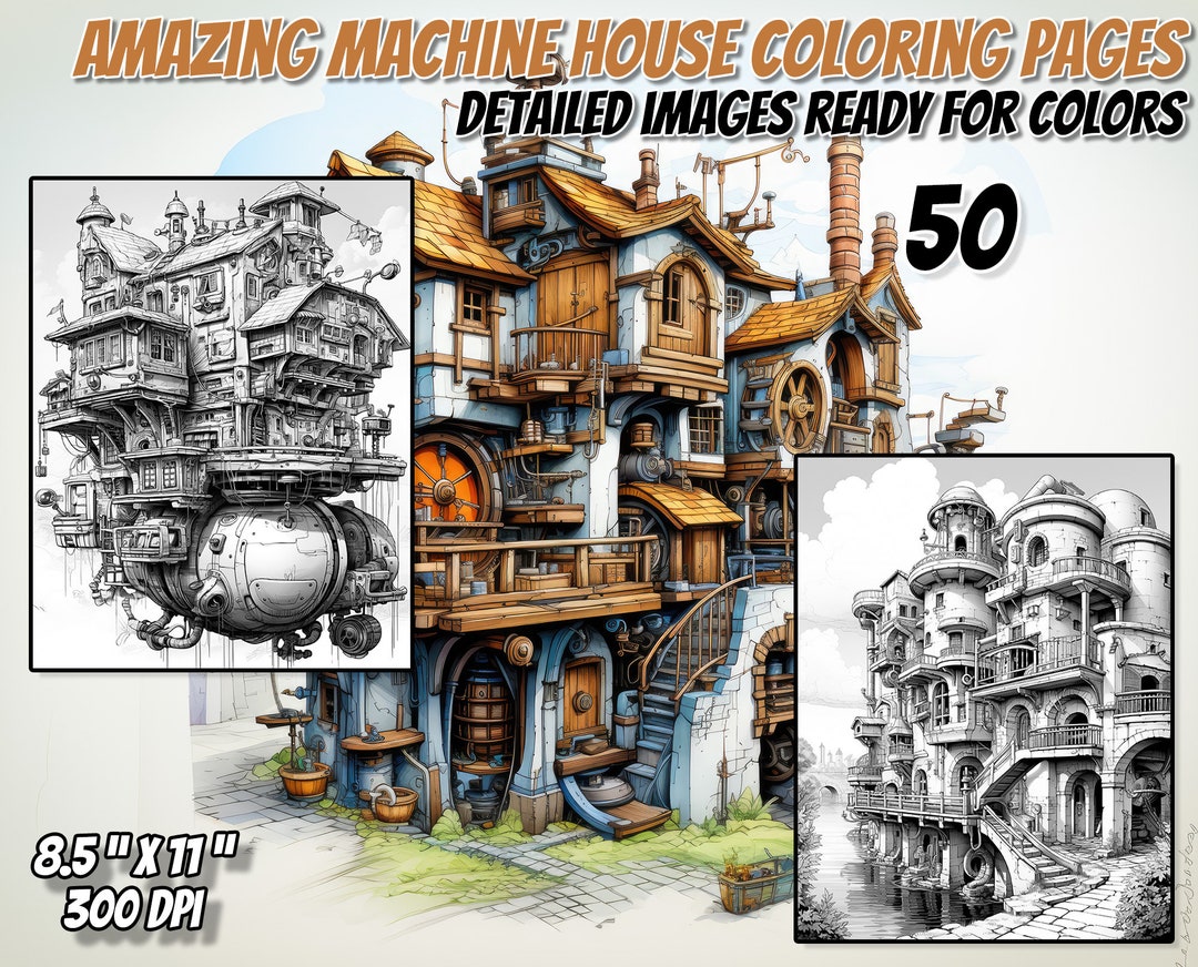 Fantastical Machine Homes Coloring Pages: Intricate Line Art for Adults ...