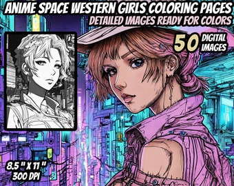 Anime Space Western Coloring Pages 50 Imágenes - Páginas para colorear para adultos, Páginas para colorear para niños, Descarga instantánea, Anime Western Science Fiction