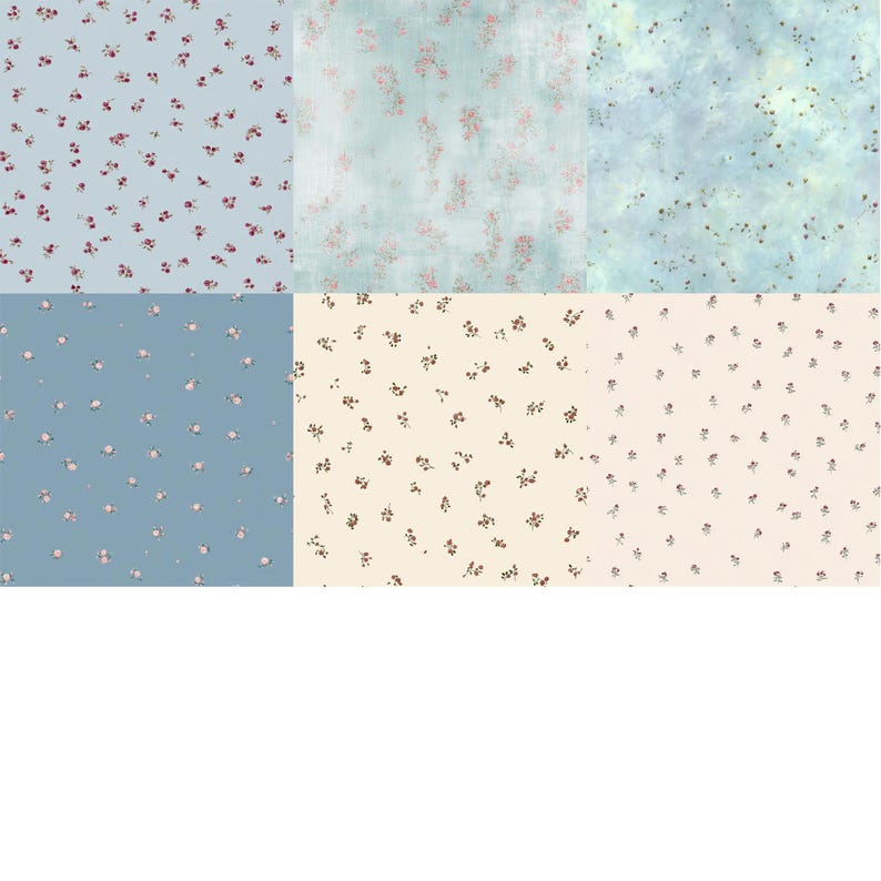 Pode incluir: Uma cole&ccedil;&atilde;o de amostras de tecido com estampas florais. Os tecidos exibem pequenos desenhos florais repetidos em tons de vermelho, rosa e marrom sobre fundos azul claro, verde-azulado e creme. A est&eacute;tica geral &eacute; delicada e vintage.
