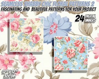 24 Vintage Shabby Chic Floral Seamless Patterns Pack 2: Digital Paper, Printable Textures, Commercial Use, Instant Download