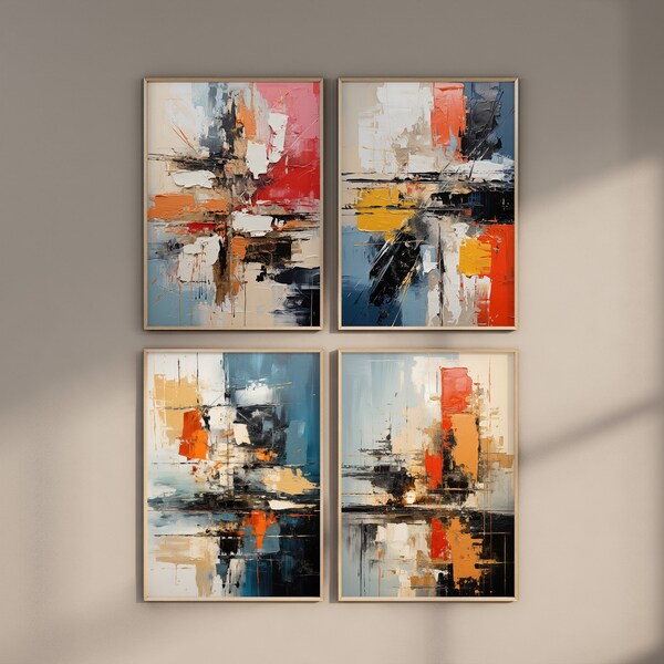 Bundle Poster Set, Abstract Acrylic red, orange, yellow, and blue oil painting, busy composition, contrasting values, bold yet graceful