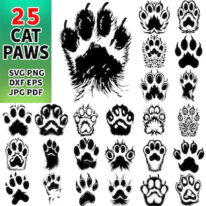 Ensemble de cliparts d'empreintes de pattes de chat / graphiques de timbre de contour / élément décoratif / empreinte de patte png eps dxf svg / empreinte de patte de chat svg / Cricut